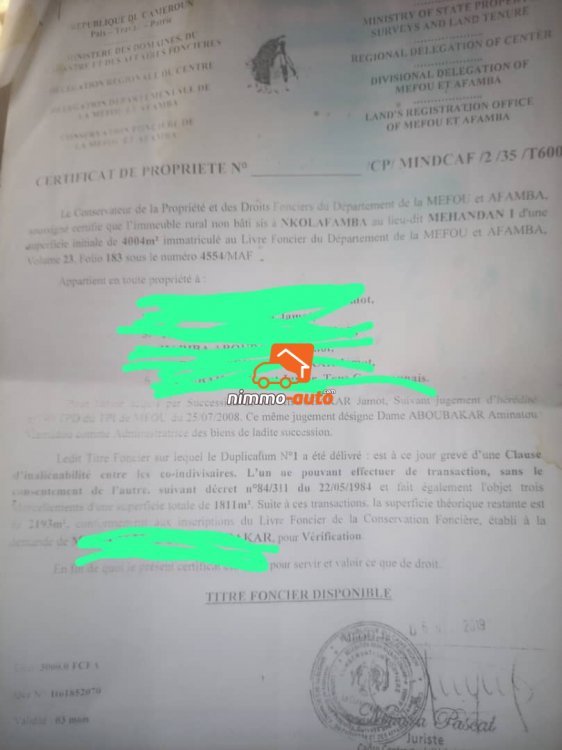 terrain titré à vendre à odza fecafoot